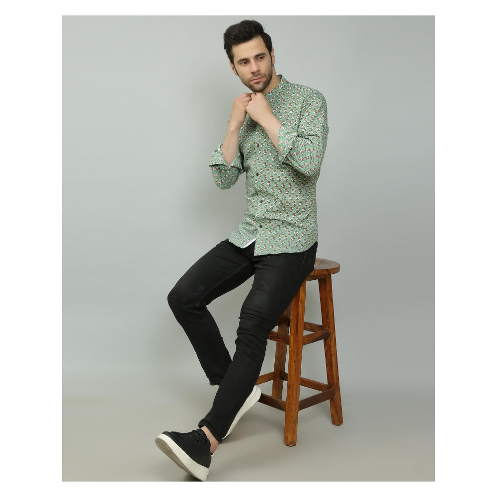 Spring Soul Cotton Printed Full Sleeves Band Collar Shirt Green