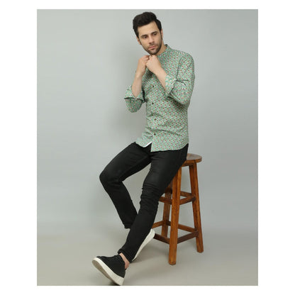 Spring Soul Cotton Printed Full Sleeves Band Collar Shirt Green