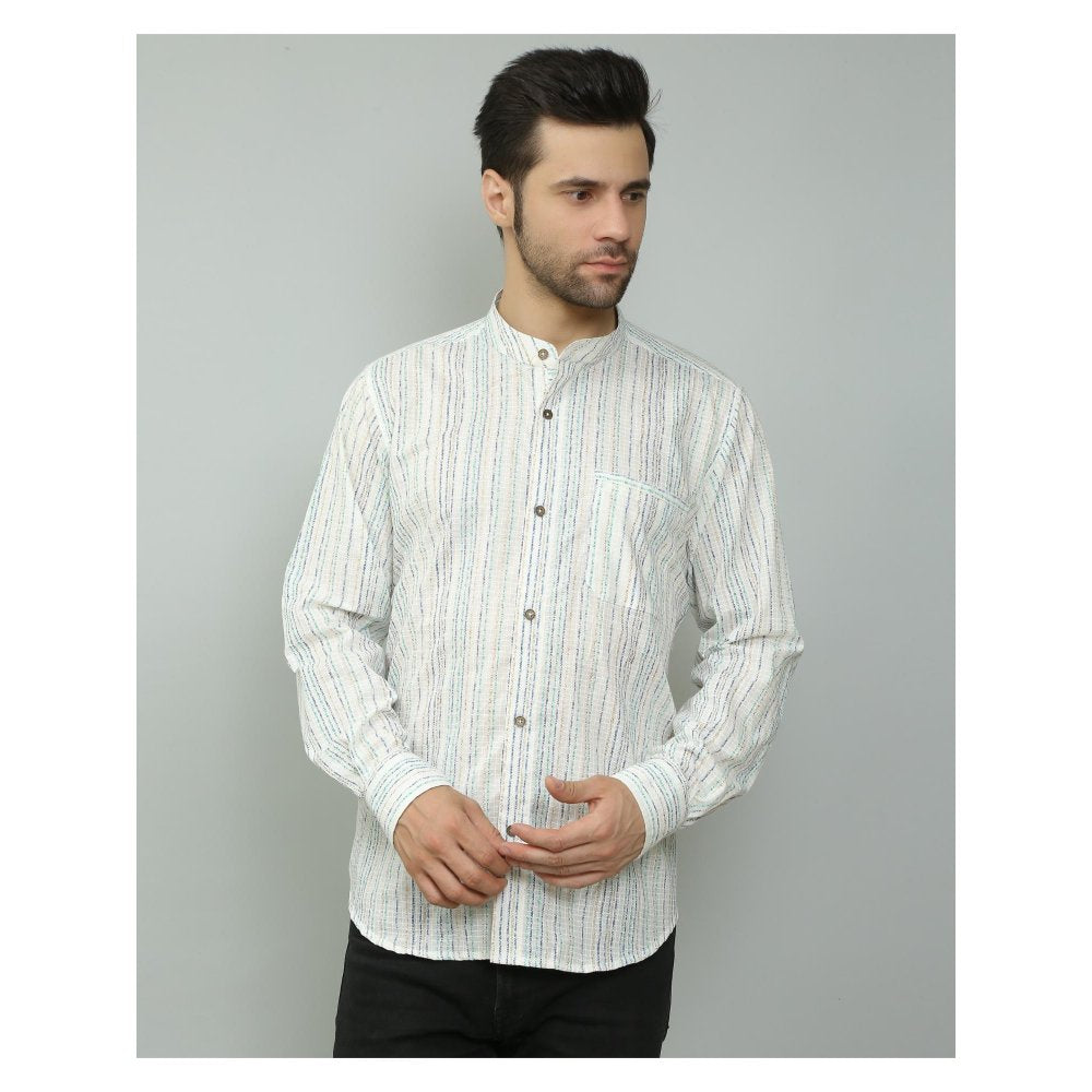 Spring Soul Cotton Printed Full Sleeves Band Collar Shirt White
