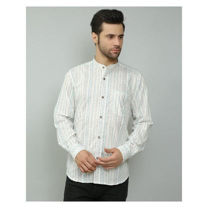 Spring Soul Cotton Printed Full Sleeves Band Collar Shirt White