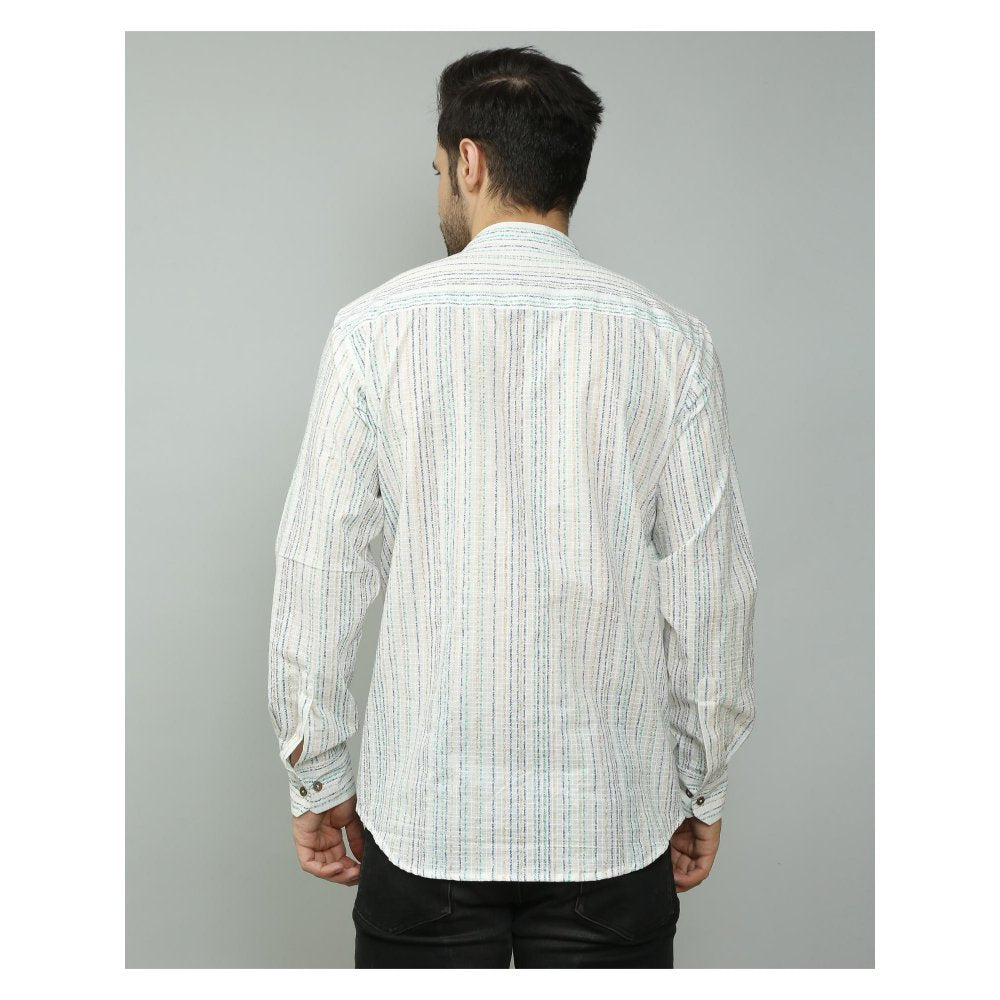 Spring Soul Cotton Printed Full Sleeves Band Collar Shirt White
