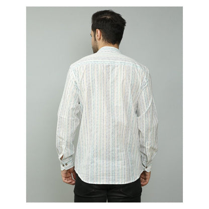 Spring Soul Cotton Printed Full Sleeves Band Collar Shirt White
