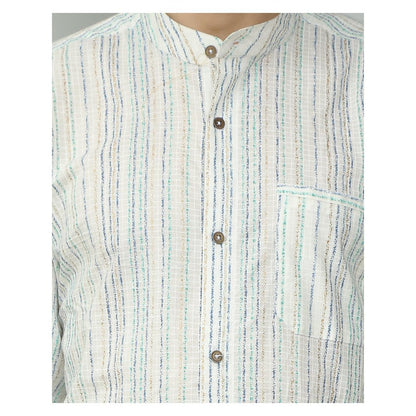 Spring Soul Cotton Printed Full Sleeves Band Collar Shirt White
