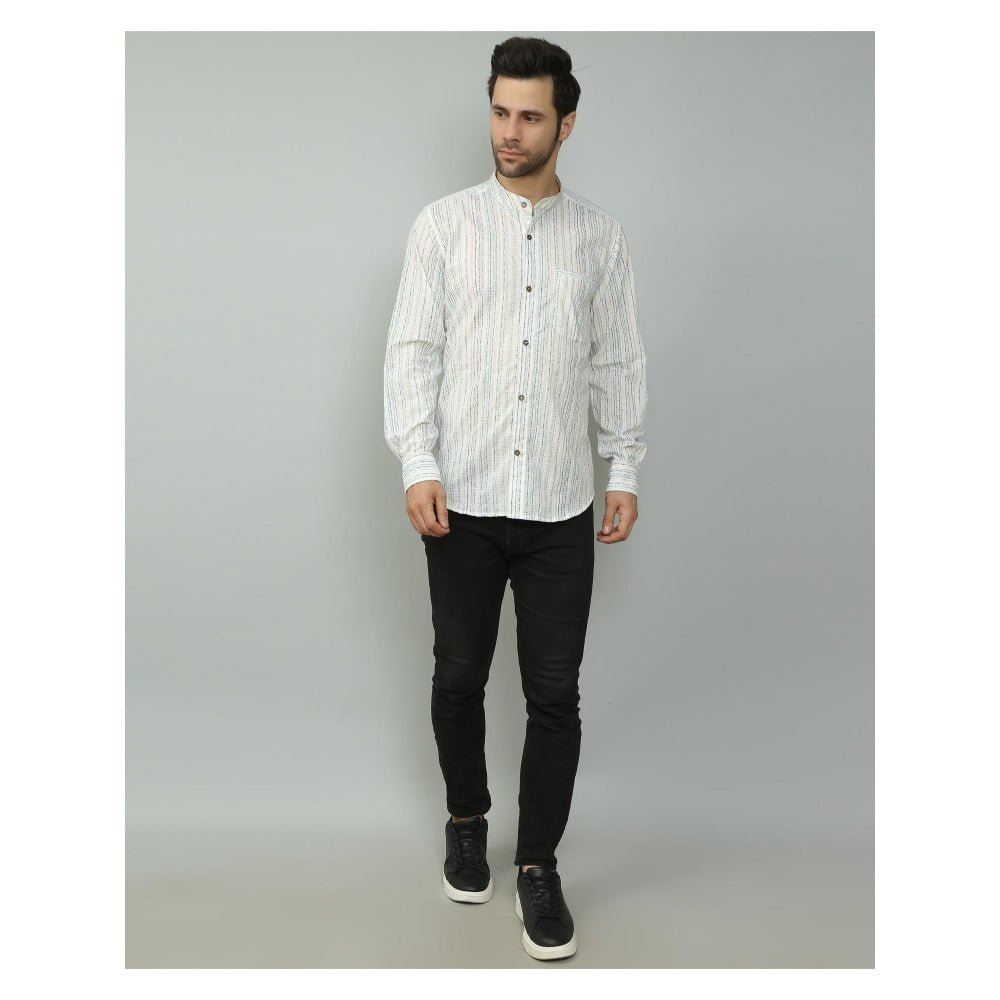 Spring Soul Cotton Printed Full Sleeves Band Collar Shirt White