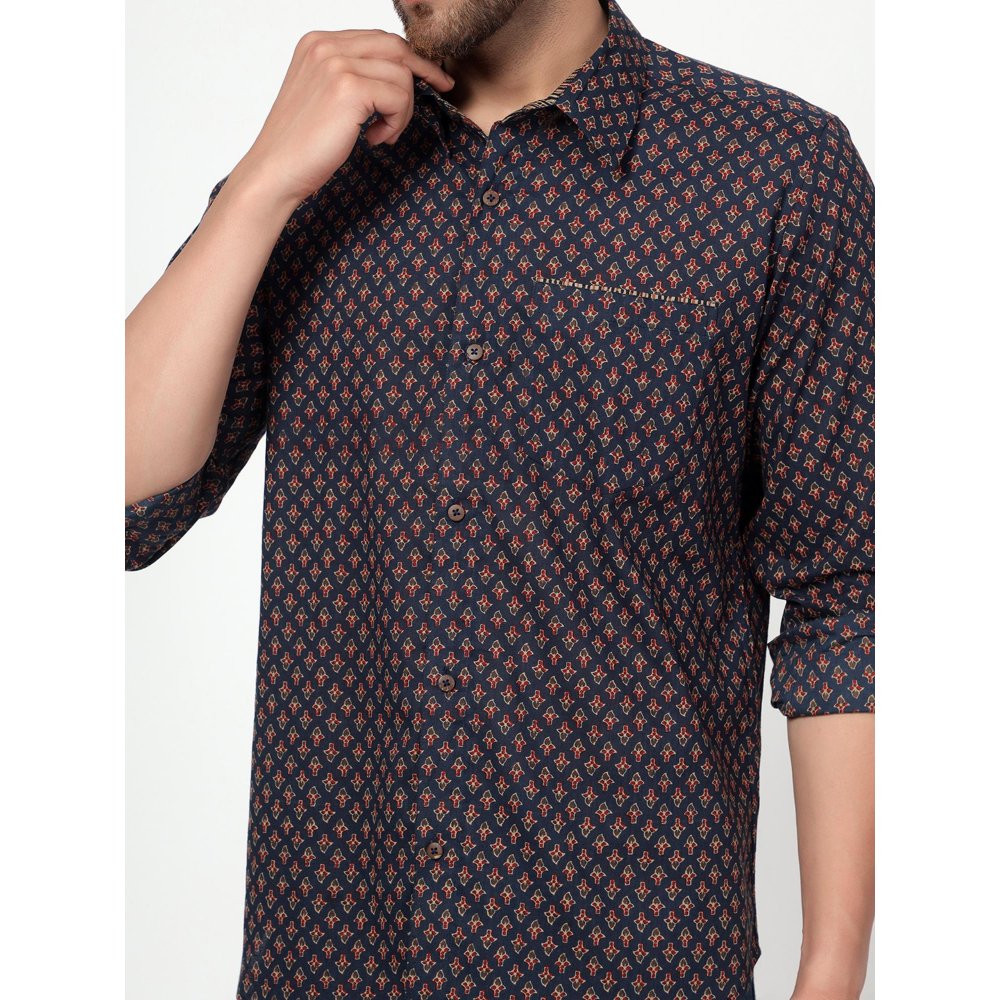 Spring Soul Cotton Printed Full Sleeves Shirt Navy Blue