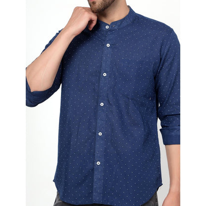 Spring Soul Cotton Linen Printed Full Sleeves Shirt Blue