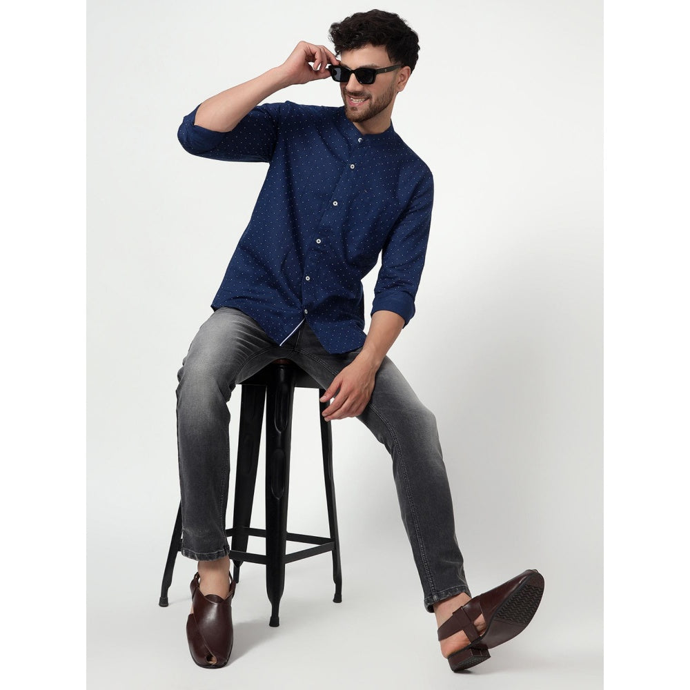 Spring Soul Cotton Linen Printed Full Sleeves Shirt Blue