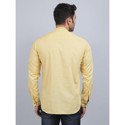 Spring Soul Yellow Cotton Printed Band Collar Full Sleeves Shirt