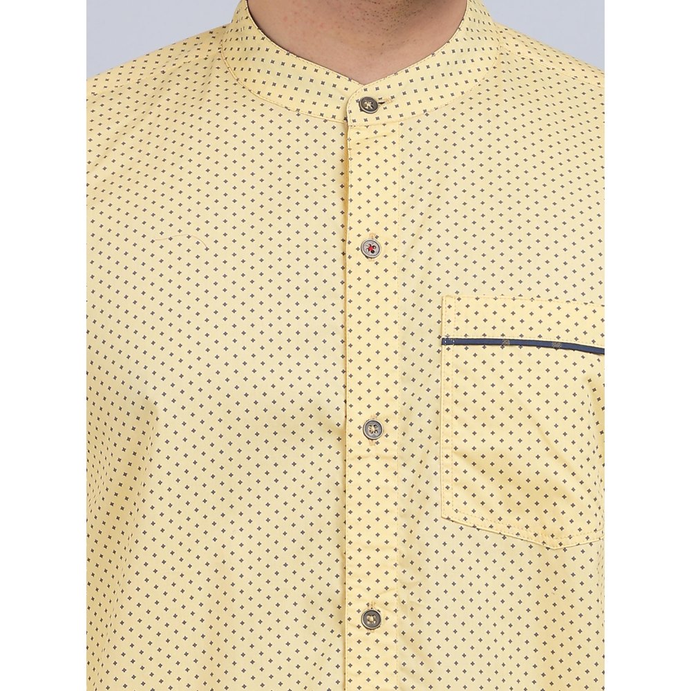 Spring Soul Yellow Cotton Printed Band Collar Full Sleeves Shirt