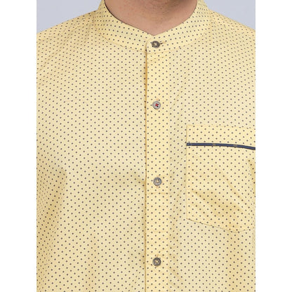 Spring Soul Yellow Cotton Printed Band Collar Full Sleeves Shirt
