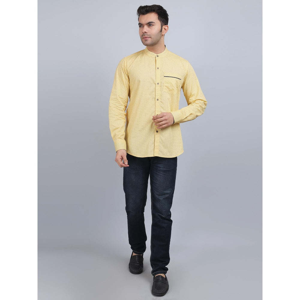 Spring Soul Yellow Cotton Printed Band Collar Full Sleeves Shirt