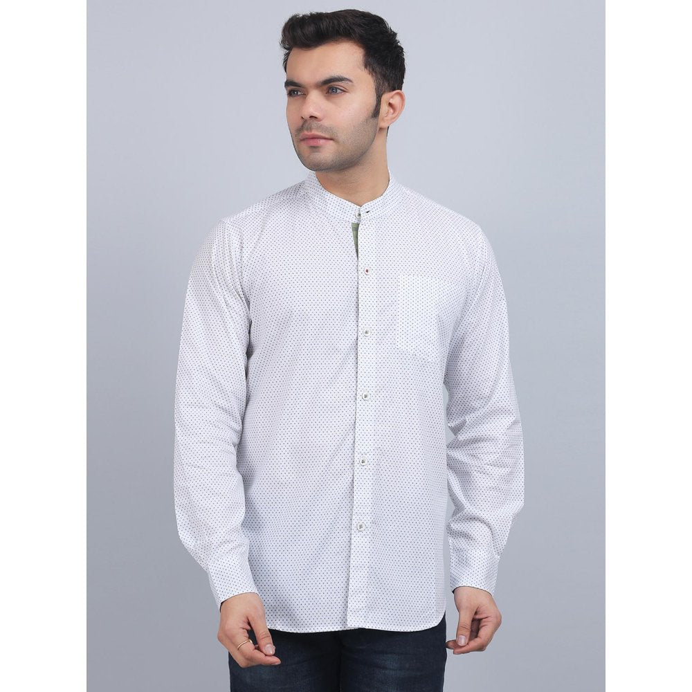 Spring Soul White Cotton Printed Band Collar Full Sleeves Shirt