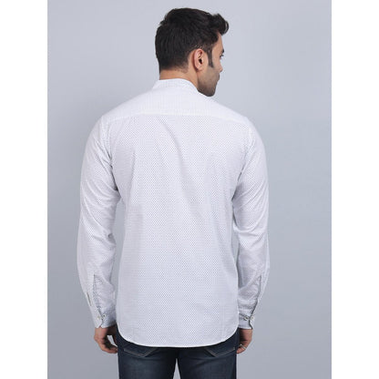 Spring Soul White Cotton Printed Band Collar Full Sleeves Shirt
