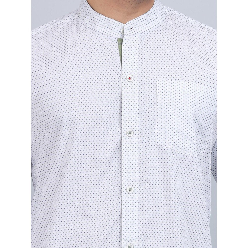 Spring Soul White Cotton Printed Band Collar Full Sleeves Shirt