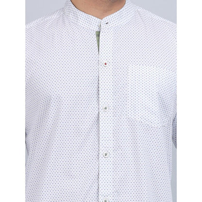 Spring Soul White Cotton Printed Band Collar Full Sleeves Shirt