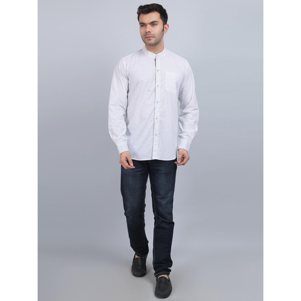 Spring Soul White Cotton Printed Band Collar Full Sleeves Shirt