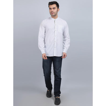 Spring Soul White Cotton Printed Band Collar Full Sleeves Shirt