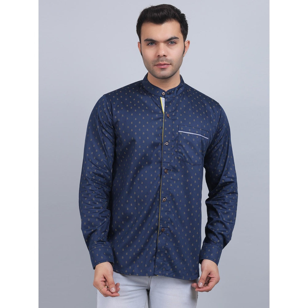 Spring Soul Navy Blue Cotton Printed Band Collar Full Sleeves Shirt