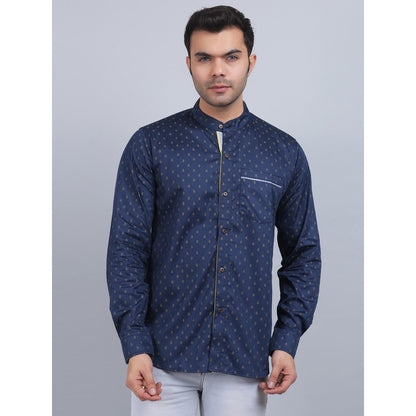 Spring Soul Navy Blue Cotton Printed Band Collar Full Sleeves Shirt
