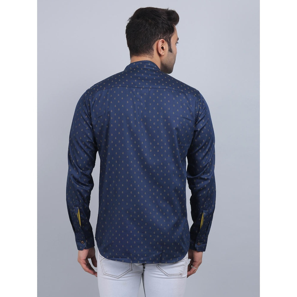 Spring Soul Navy Blue Cotton Printed Band Collar Full Sleeves Shirt
