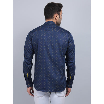 Spring Soul Navy Blue Cotton Printed Band Collar Full Sleeves Shirt