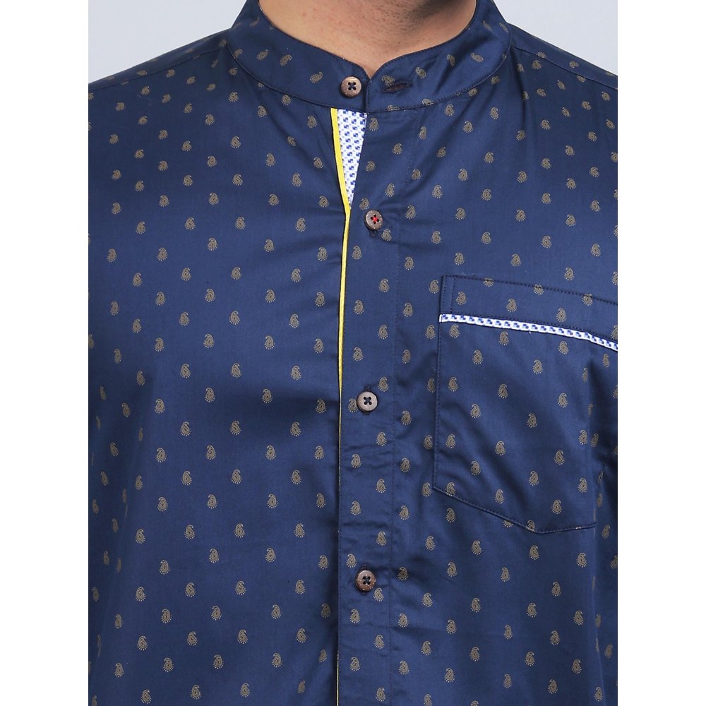 Spring Soul Navy Blue Cotton Printed Band Collar Full Sleeves Shirt