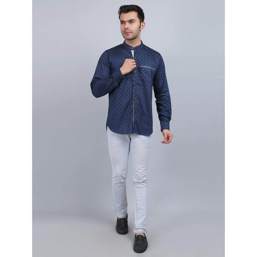 Spring Soul Navy Blue Cotton Printed Band Collar Full Sleeves Shirt
