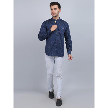 Spring Soul Navy Blue Cotton Printed Band Collar Full Sleeves Shirt