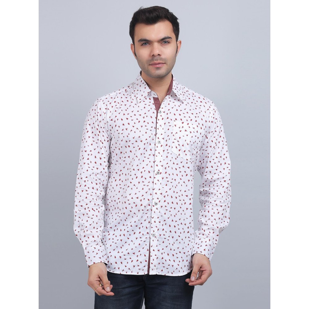 Spring Soul White Cotton Printed Full Sleeves Shirt