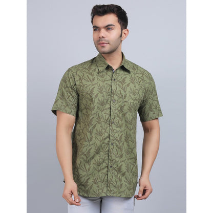 Spring Soul Olive Cotton Printed Half Sleeves Shirt