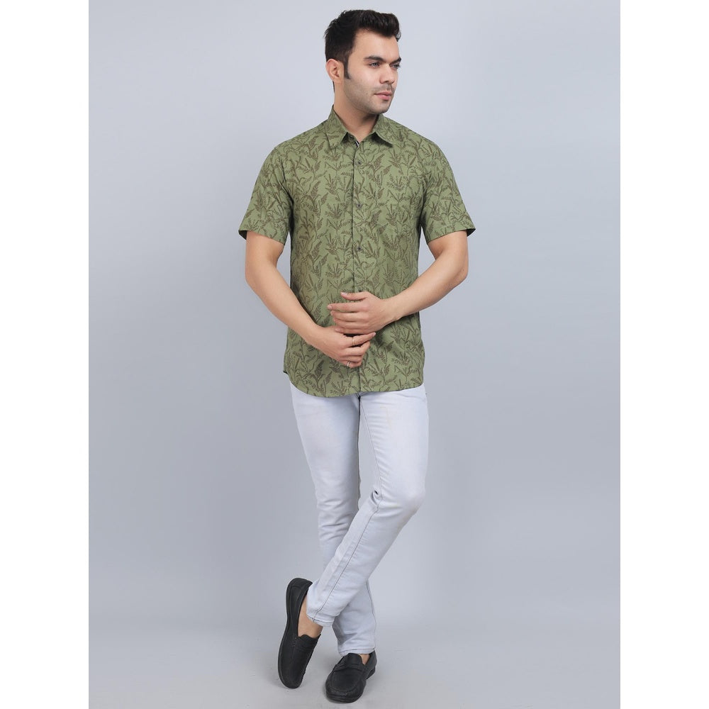 Spring Soul Olive Cotton Printed Half Sleeves Shirt