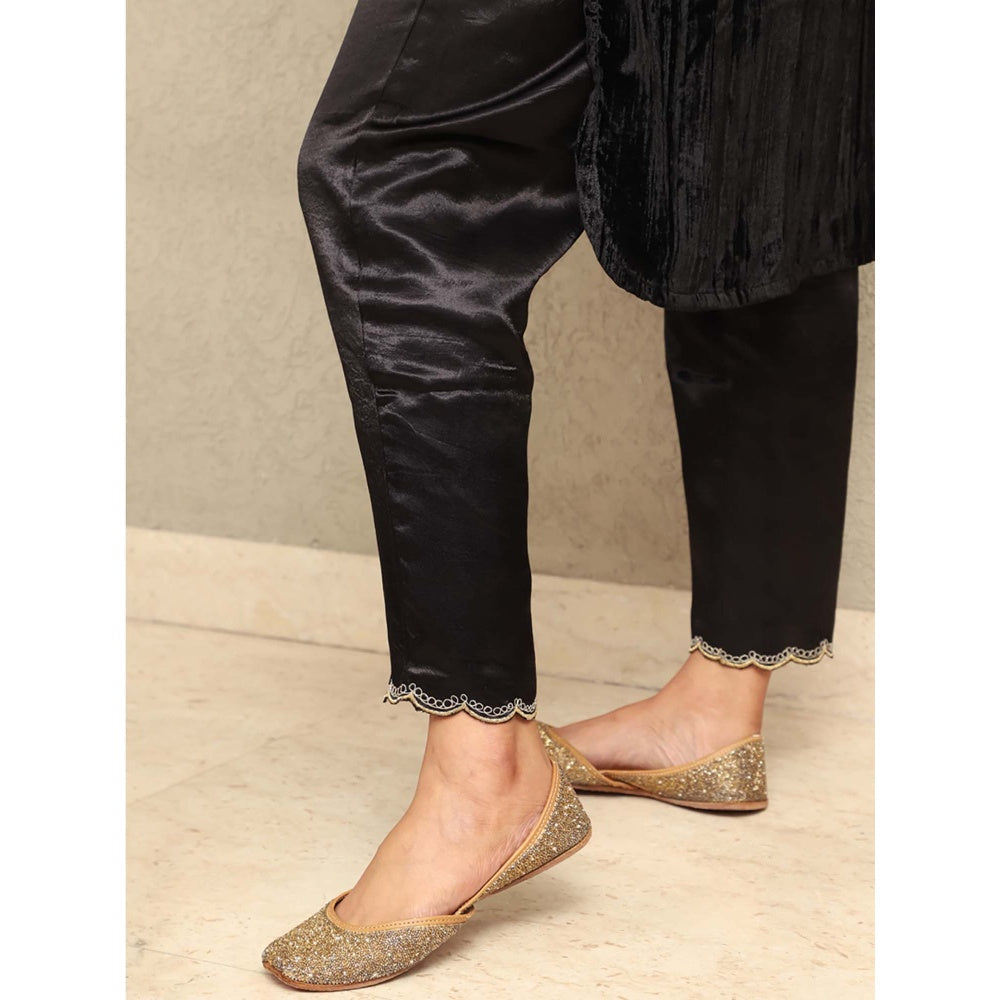 Spring Soul Black Crushed Velvet Embroidered Kurta with Mashru Silk Pant (Set of 2)