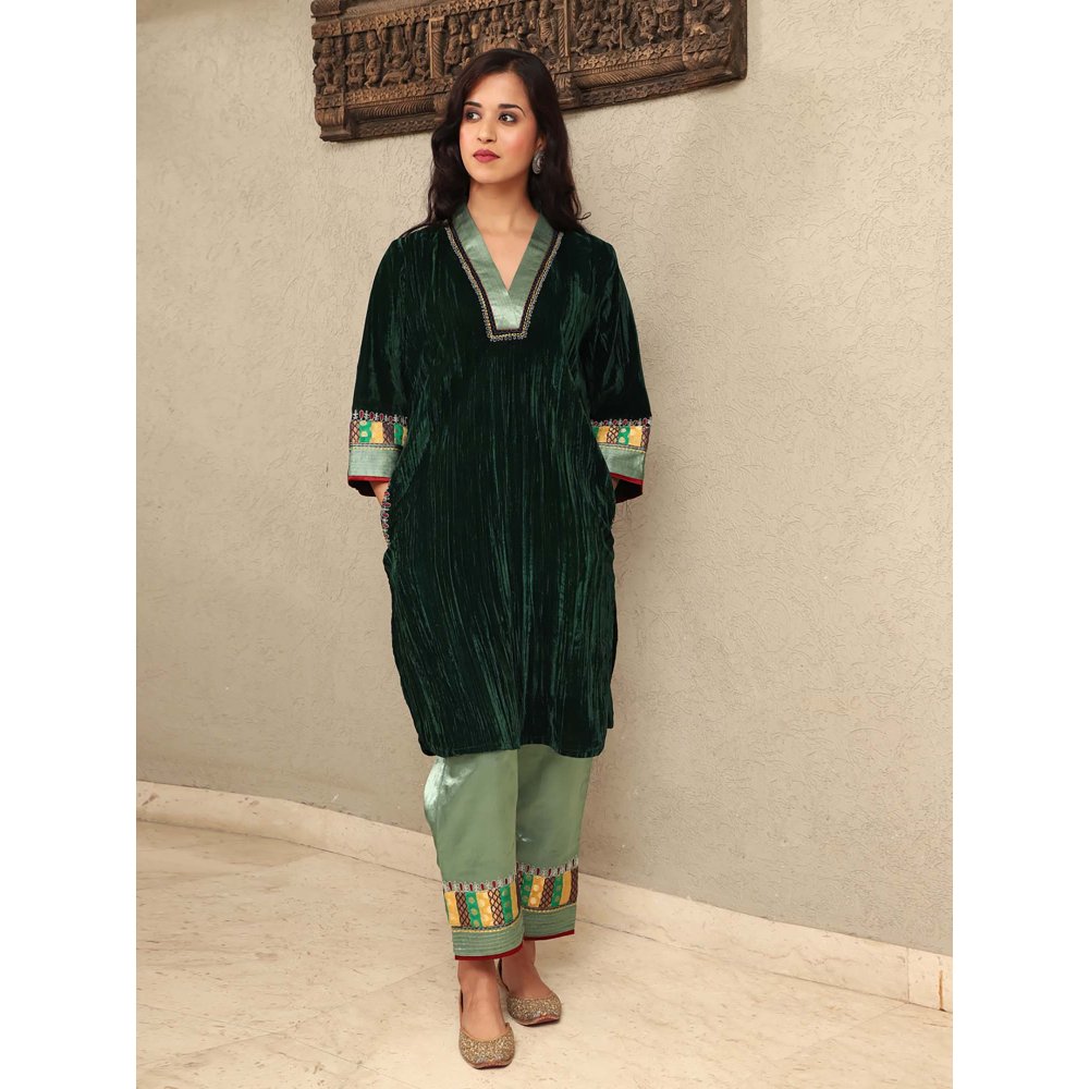 Spring Soul Green Crushed Velvet Embroidered Applique Kurta with Mashru Silk Pant (Set of 2)