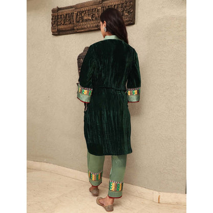 Spring Soul Green Crushed Velvet Embroidered Applique Kurta with Mashru Silk Pant (Set of 2)