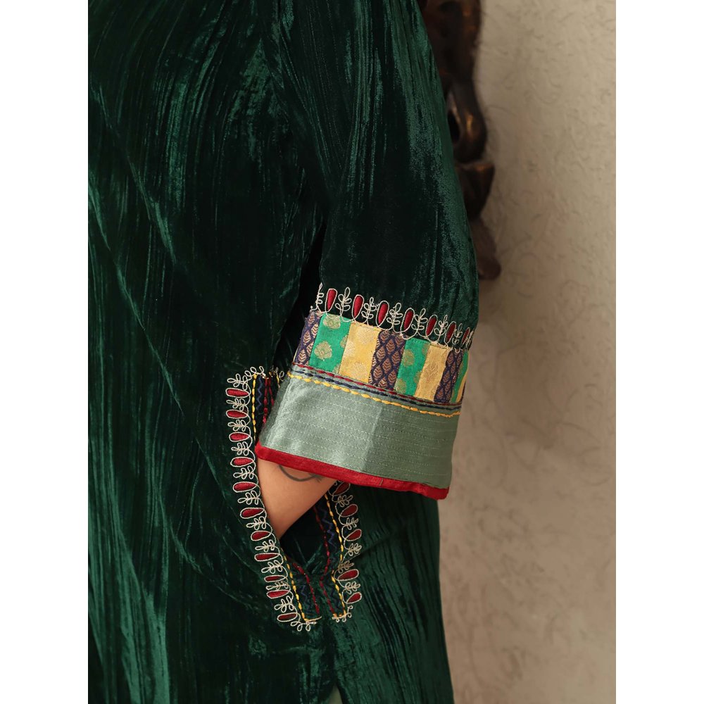 Spring Soul Green Crushed Velvet Embroidered Applique Kurta with Mashru Silk Pant (Set of 2)
