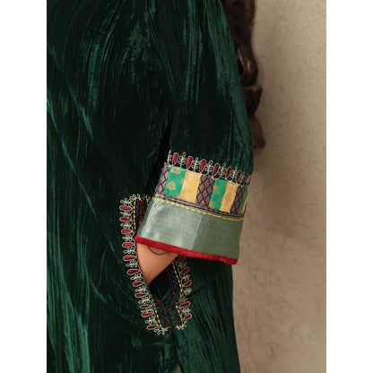 Spring Soul Green Crushed Velvet Embroidered Applique Kurta with Mashru Silk Pant (Set of 2)