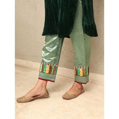Spring Soul Green Crushed Velvet Embroidered Applique Kurta with Mashru Silk Pant (Set of 2)