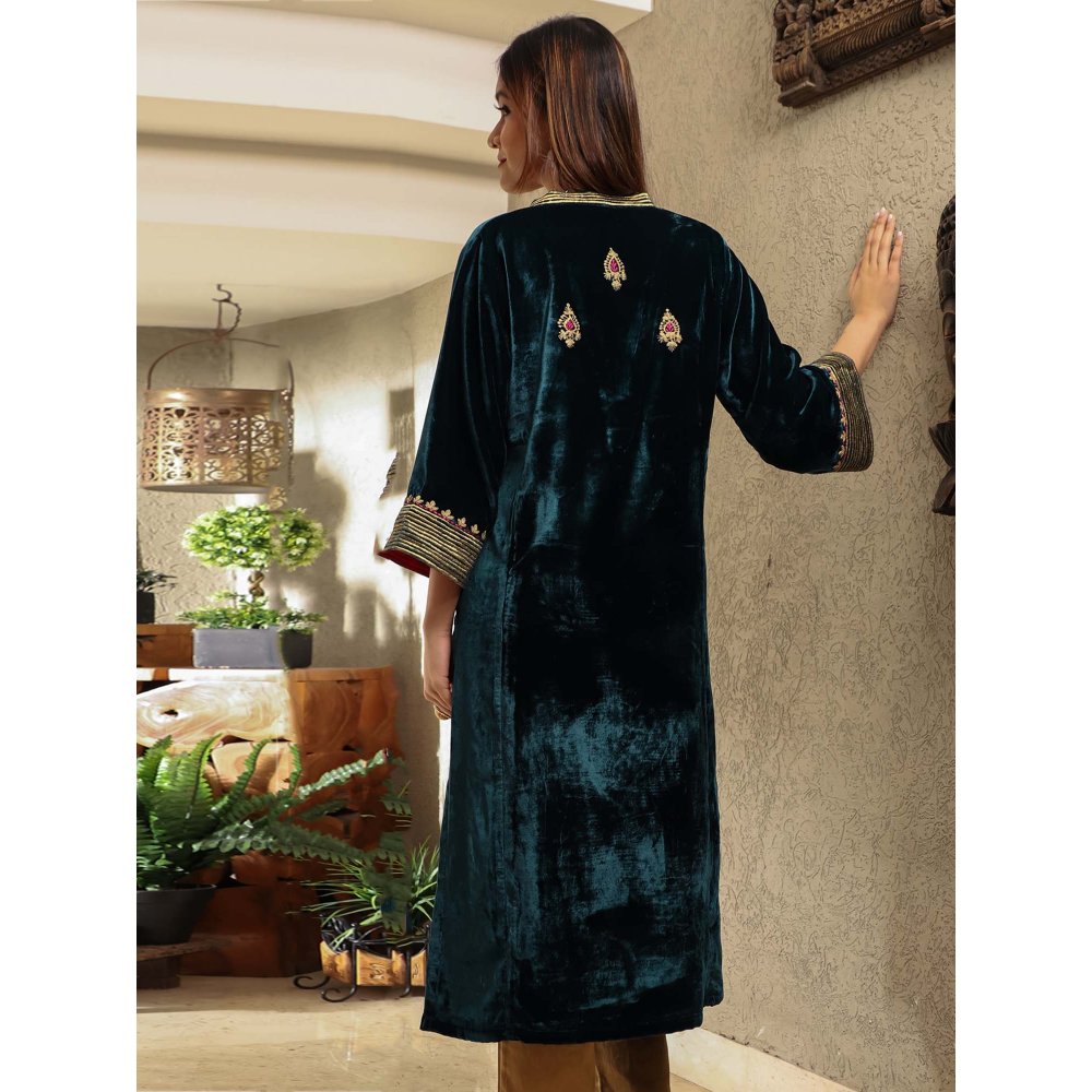 Spring Soul Blue Embroidered Velvet Kurta with Mashru Silk Pant and Dupatta (Set of 3)