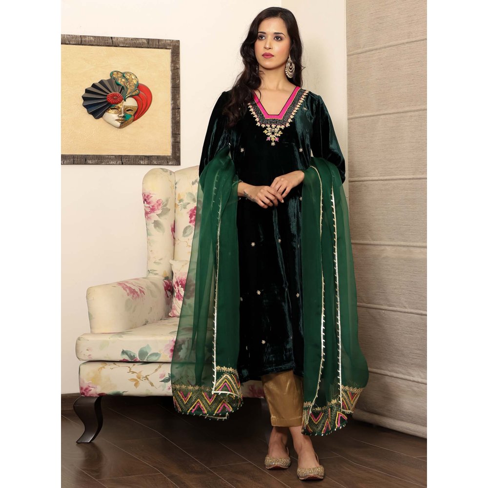 Spring Soul Green Embroidered Velvet Kurta with Mashru Silk Pant and Organza Dupatta (Set of 3)