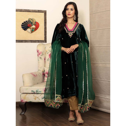 Spring Soul Green Embroidered Velvet Kurta with Mashru Silk Pant and Organza Dupatta (Set of 3)