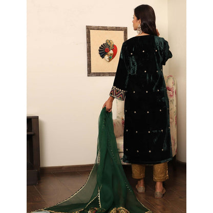 Spring Soul Green Embroidered Velvet Kurta with Mashru Silk Pant and Organza Dupatta (Set of 3)