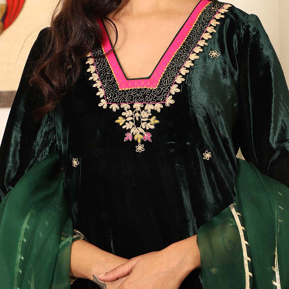 Spring Soul Green Embroidered Velvet Kurta with Mashru Silk Pant and Organza Dupatta (Set of 3)