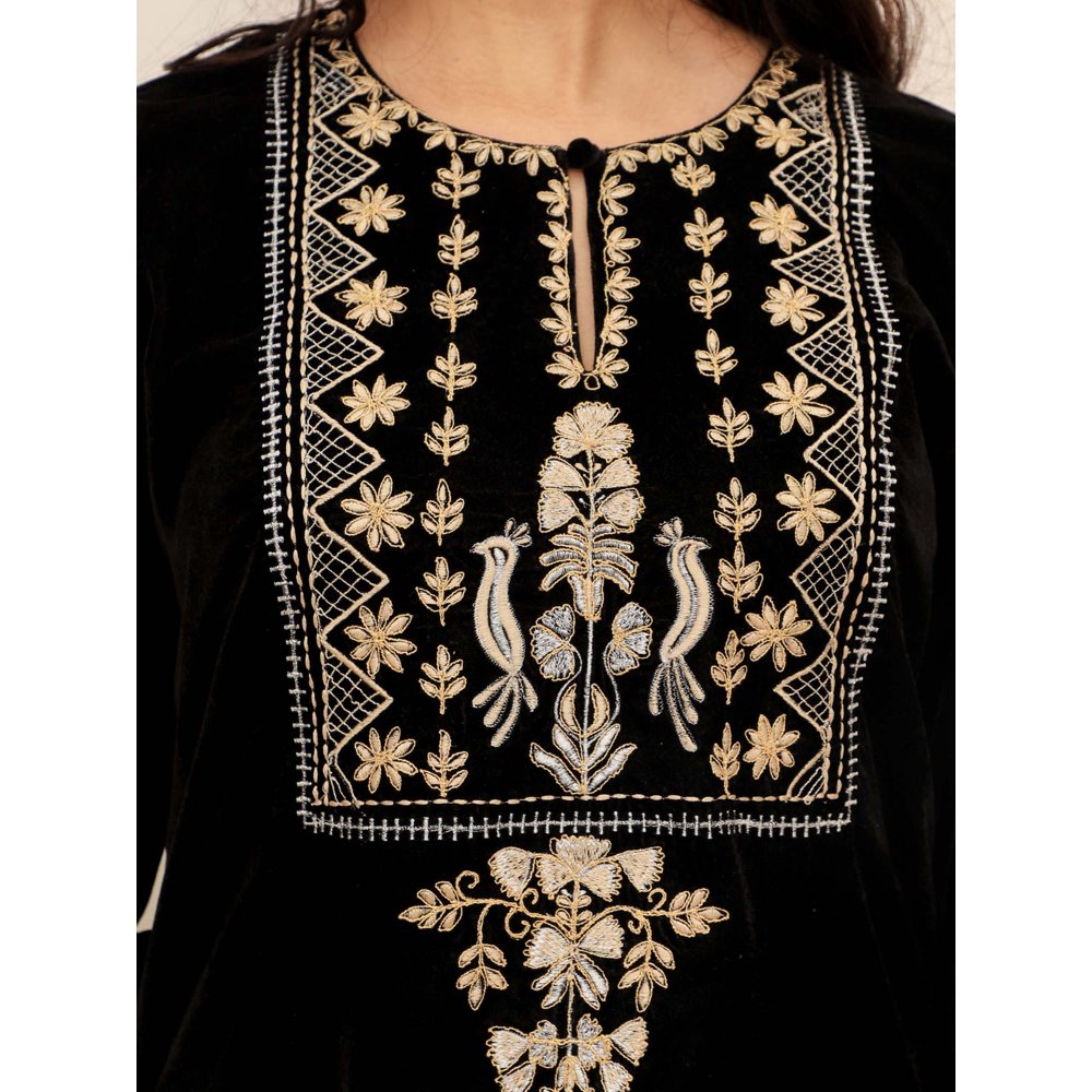 Spring Soul Black Embroidered Velvet Kurta with Mashru Silk Pant (Set of 2)