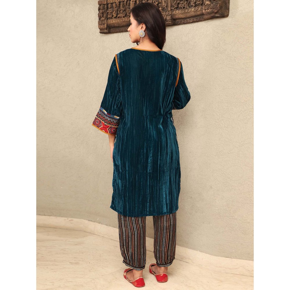 Spring Soul Teal Crushed Velvet Embroidered Kurta with Stripe Modal Silk Salwar Pant (Set of 2)
