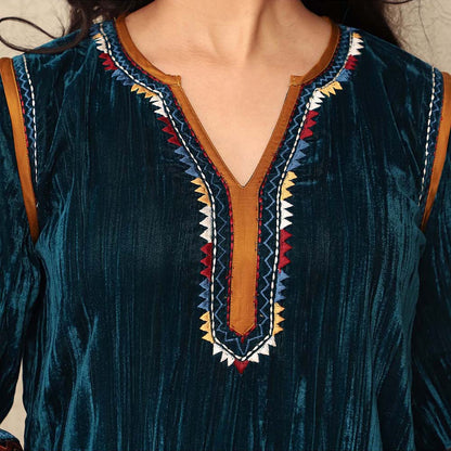 Spring Soul Teal Crushed Velvet Embroidered Kurta with Stripe Modal Silk Salwar Pant (Set of 2)