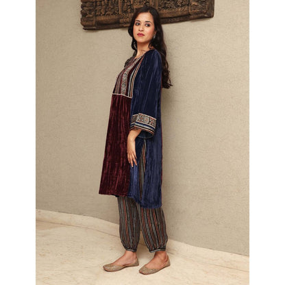 Spring Soul Colour Block Crushed Velvet Kurta with Stripe Harem Salwar Pant (Set of 2)