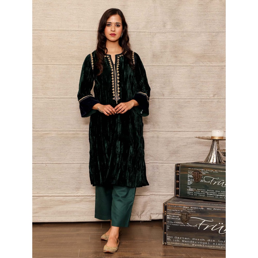Spring Soul Dark Green Embroidered Velvet Silk Kurta with Mashru Silk Pant (Set of 2)