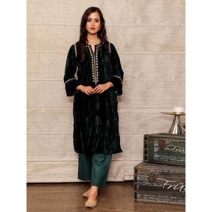Spring Soul Dark Green Embroidered Velvet Silk Kurta with Mashru Silk Pant (Set of 2)