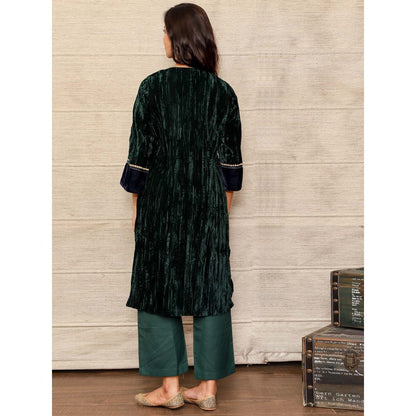 Spring Soul Dark Green Embroidered Velvet Silk Kurta with Mashru Silk Pant (Set of 2)