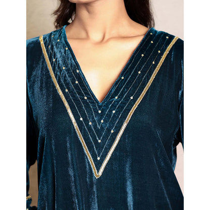 Spring Soul Teal Hand Embroidered Kurta With Mashru Silk Pant (Set of 2)